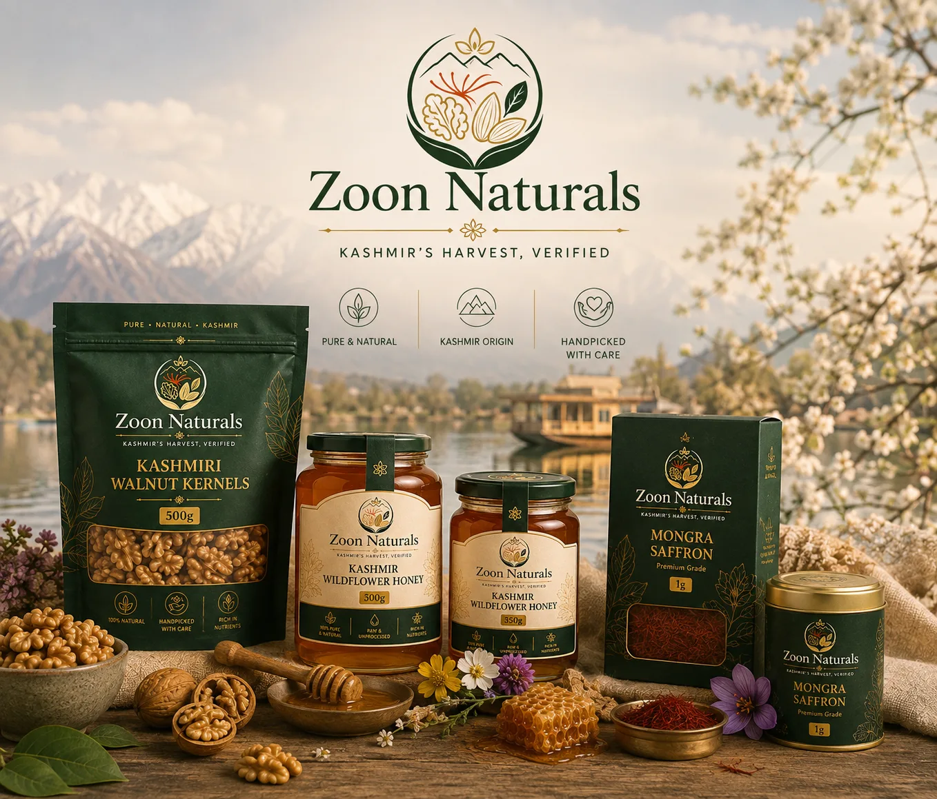 The Zoon Naturals range of walnuts, honey and saffron laid out on a table beside a Kashmiri lake.