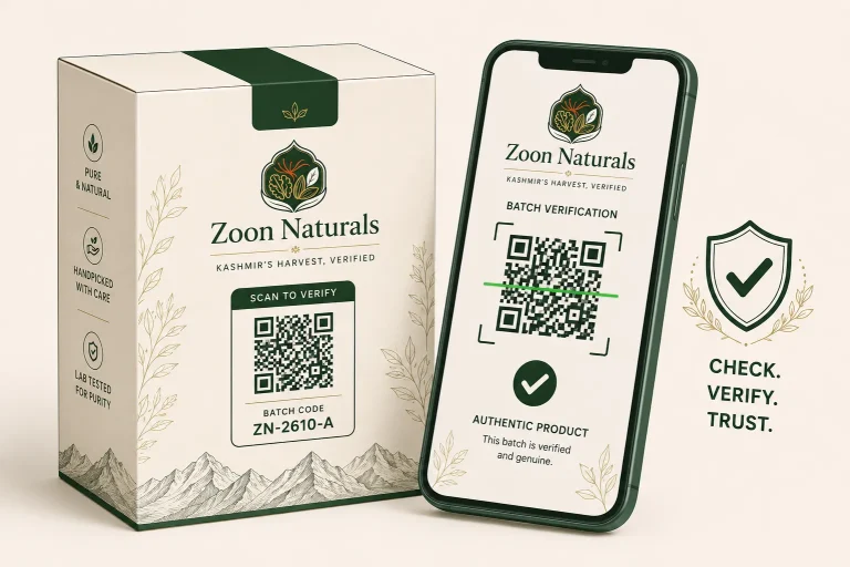 A saffron pack with its batch code on the label, beside a phone showing the verification page.
