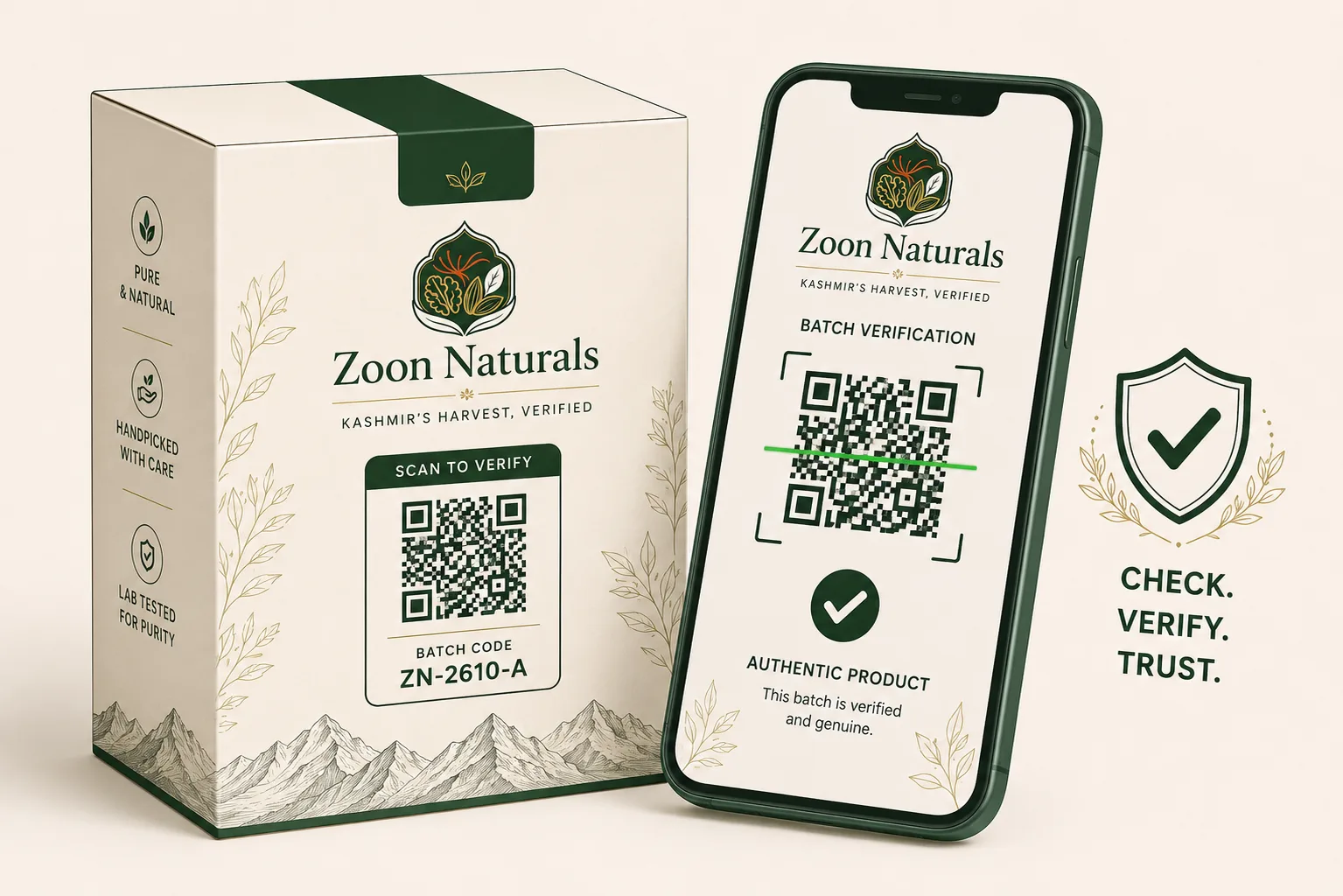 A Zoon Naturals saffron pack beside a phone showing the verification page for its batch code.
