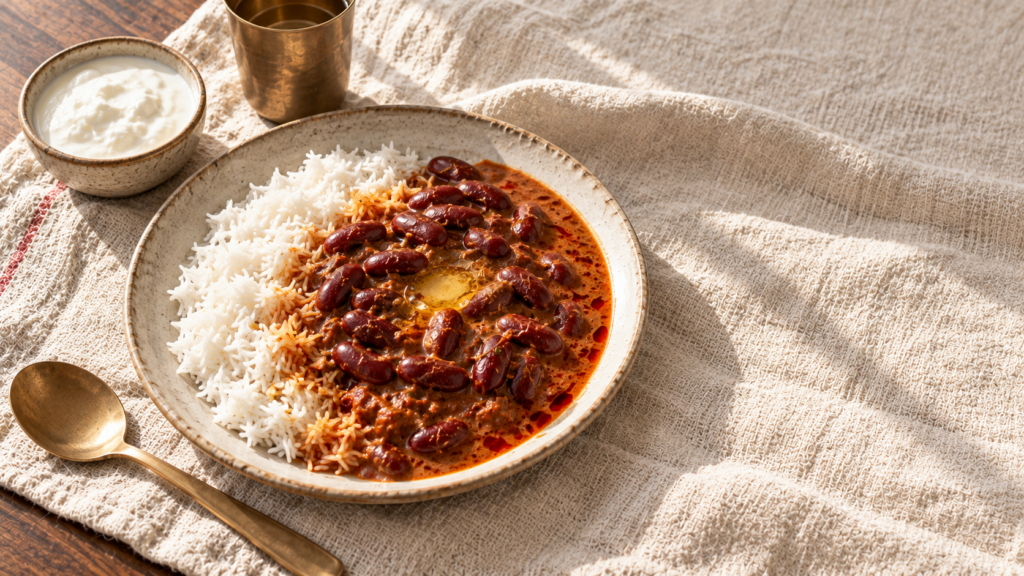 Kashmiri rajma recipe served as rajma chawal, a thin red bean curry poured over steamed rice in a ceramic plate with ghee and a small bowl of curd