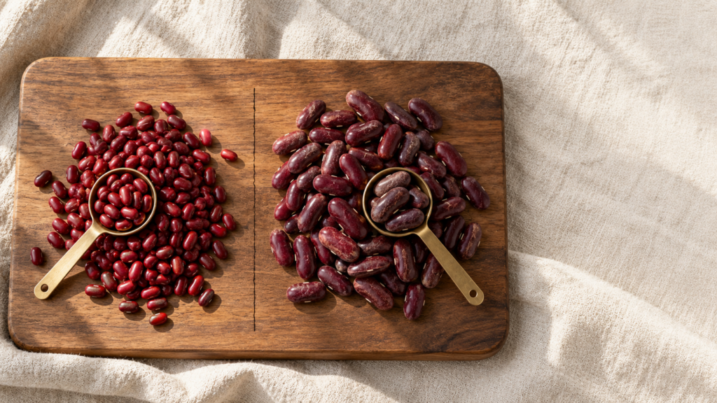 Bhaderwah rajma compared with regular large red kidney beans, two small heaps on a linen cloth showing the smaller Kashmiri grain