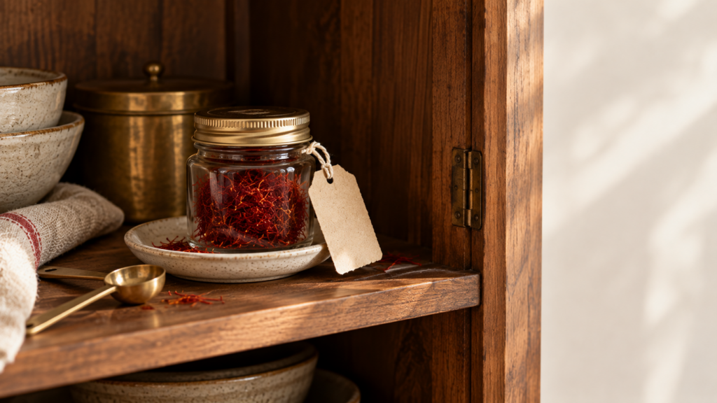 Small screw-top glass jar of Kashmiri saffron placed inside a dark wooden kitchen cupboard, away from the stove