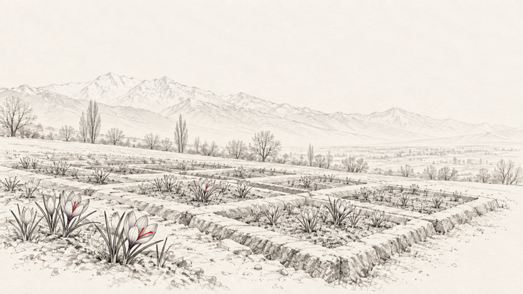 Square saffron beds with drainage trenches on the karewa plateau near Pampore during the Kashmir saffron harvest