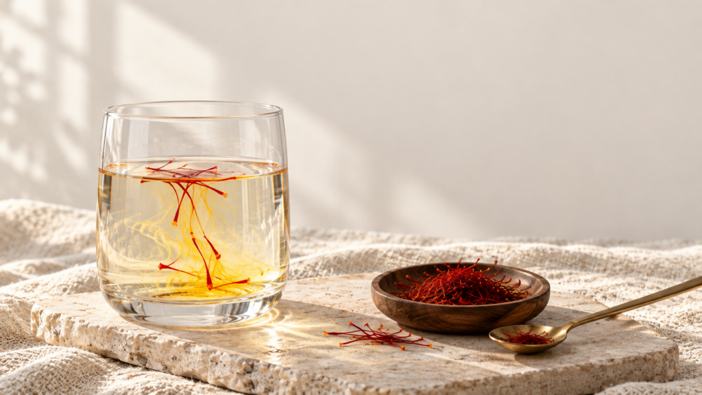 Real Kashmiri saffron threads releasing golden colour slowly in a glass of cold water
