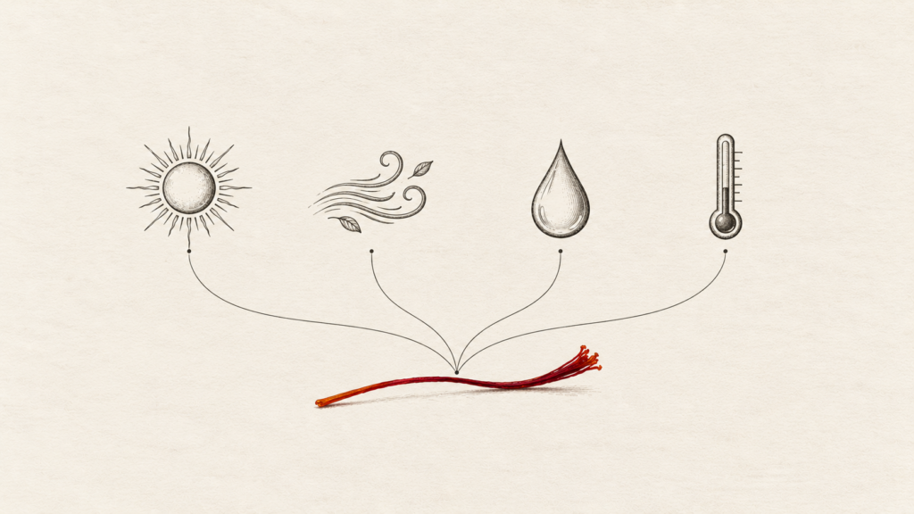Step diagram showing light, air, humidity and heat as the four factors that reduce saffron quality during storage
