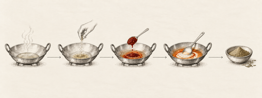 Step-by-step Kashmiri rajma recipe diagram showing mustard oil, hing, Kashmiri chilli paste, curd and fennel added in order in a kadhai